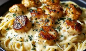 Garlic butter chicken bites with creamy Parmesan pasta in skillet topped with fresh parsley