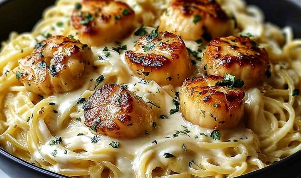 Garlic butter chicken bites with creamy Parmesan pasta in skillet topped with fresh parsley