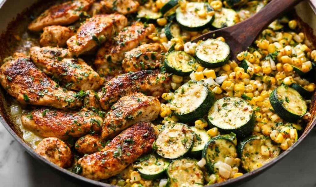 Garlic Butter Chicken with Zucchini and Corn in a cast-iron skillet