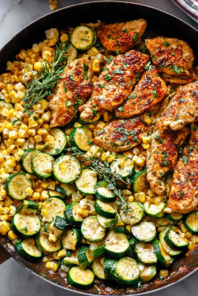Garlic Butter Chicken with Zucchini and Corn in a cast-iron skillet