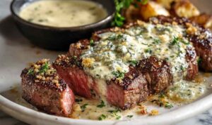 Sliced garlic butter steak with Parmesan cream sauce drizzled on top and fresh parsley