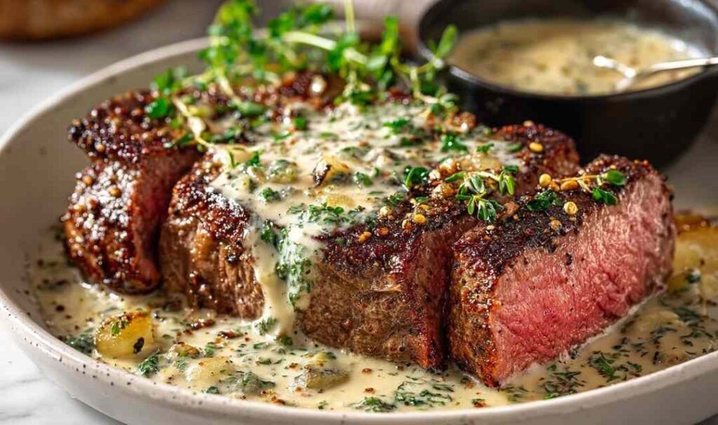 Sliced garlic butter steak with Parmesan cream sauce drizzled on top and fresh parsley