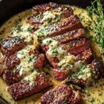 Sliced garlic butter steak with Parmesan cream sauce drizzled on top and fresh parsley