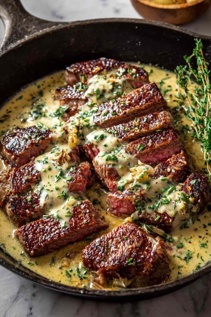 Sliced garlic butter steak with Parmesan cream sauce drizzled on top and fresh parsley