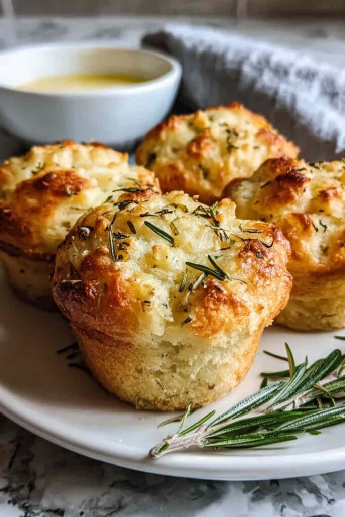 Golden brown garlic rosemary focaccia muffins on cooling rack with fresh rosemary sprigs