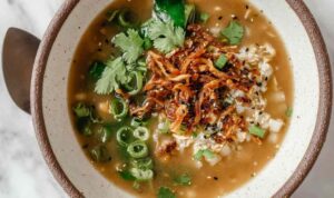 Ginger Miso Brothy Soup with Crispy Shredded Sesame Tofu