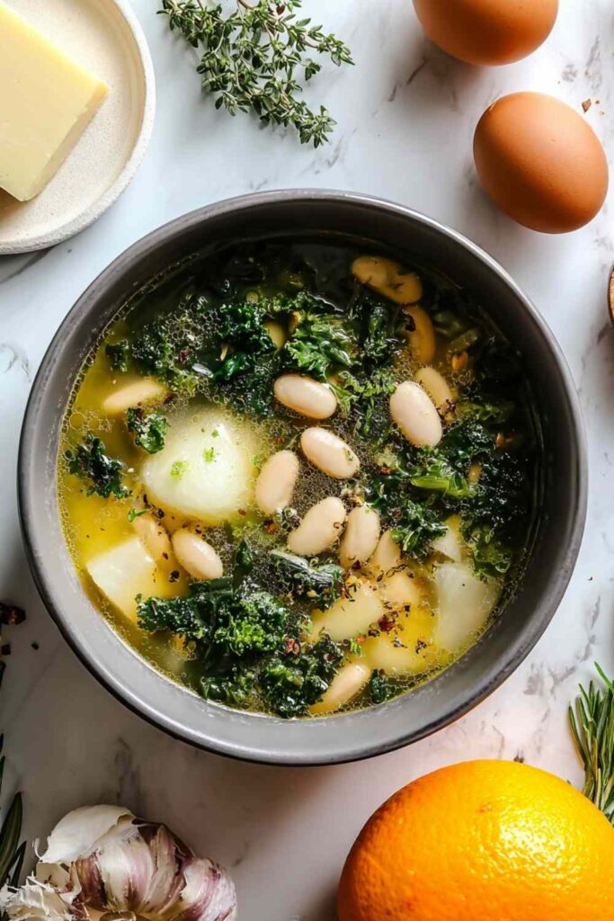 Greek Healing Soup in white bowl with chickpeas vegetables and fresh parsley garnish