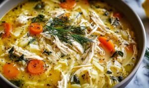 Greek lemon chicken soup in white bowl with fresh parsley and lemon slice