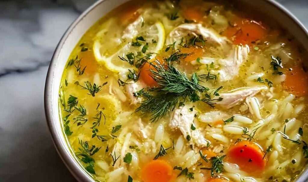Greek lemon chicken soup in white bowl with fresh parsley and lemon slice