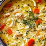 Greek lemon chicken soup in white bowl with fresh parsley and lemon slice