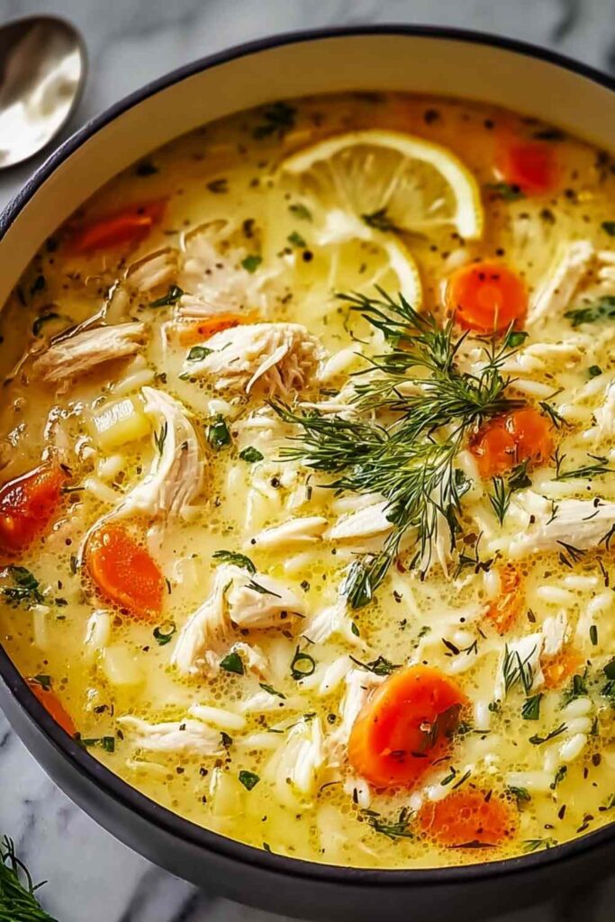 Greek lemon chicken soup in white bowl with fresh parsley and lemon slice