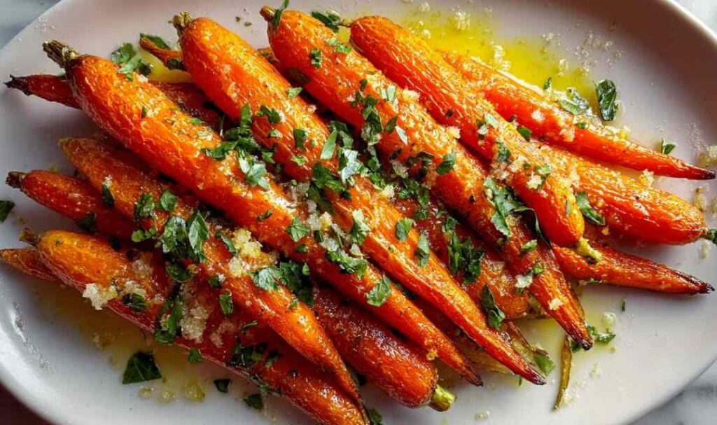 Honey Garlic Butter Roasted Carrots on white serving platter with parsley