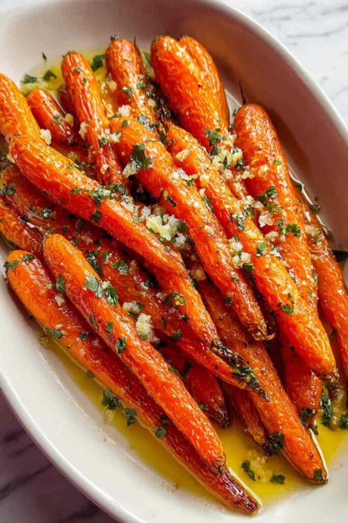 Honey Garlic Butter Roasted Carrots on white serving platter with parsley