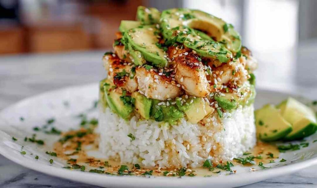 Honey Lime Chicken Avocado Rice Stack