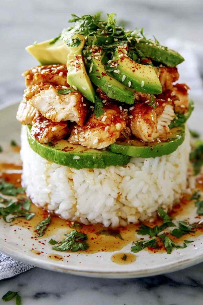 Honey Lime Chicken Avocado Rice Stack