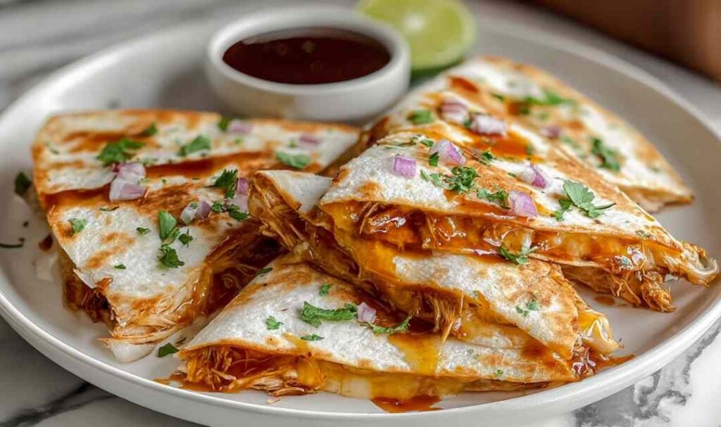 Hot honey BBQ chicken quesadillas