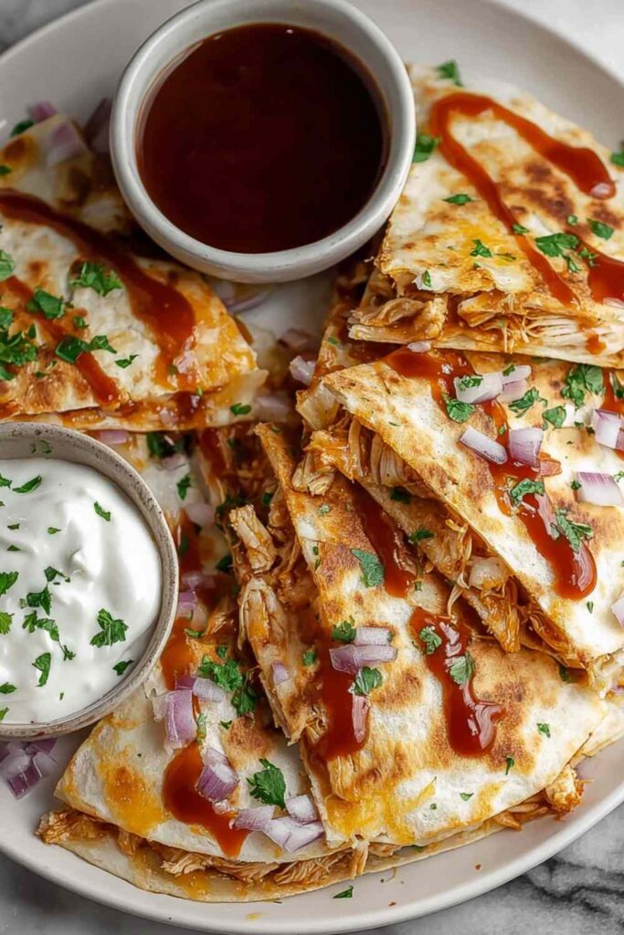 Hot honey BBQ chicken quesadillas
