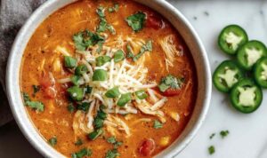Bowl of keto chicken tortilla soup with avocado, cheese, and cilantro toppings