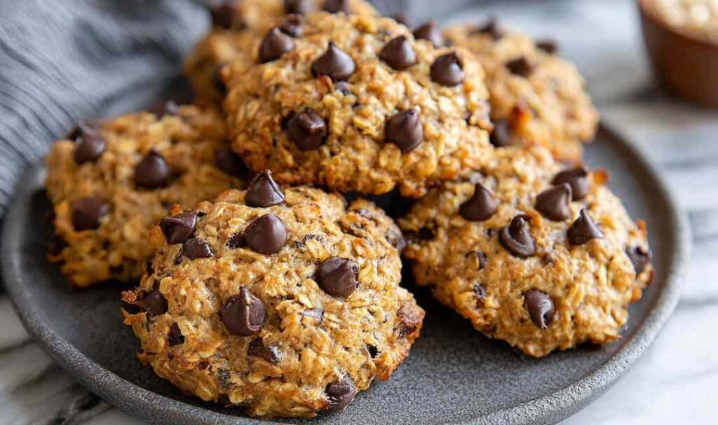 Stack of oatmeal peanut butter protein cookies with chocolate chips on white plate