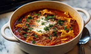 One pot lasagna soup with broken noodles ricotta and melted mozzarella cheese in bowl
