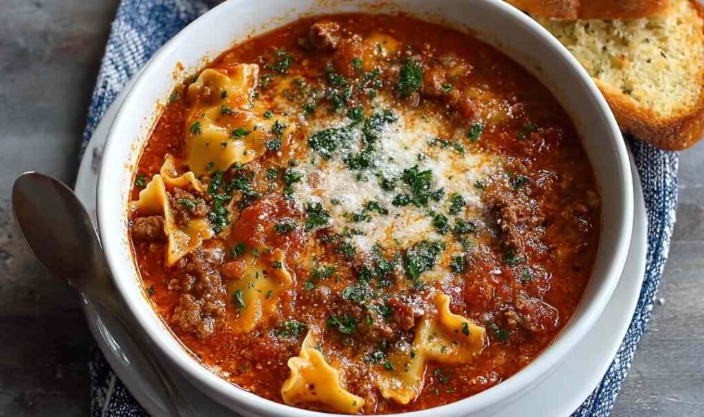 One pot lasagna soup with broken noodles ricotta and melted mozzarella cheese in bowl