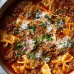 One pot lasagna soup with broken noodles ricotta and melted mozzarella cheese in bowl