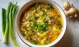 One-pot egg roll soup in white bowl topped with green onions and sesame seeds