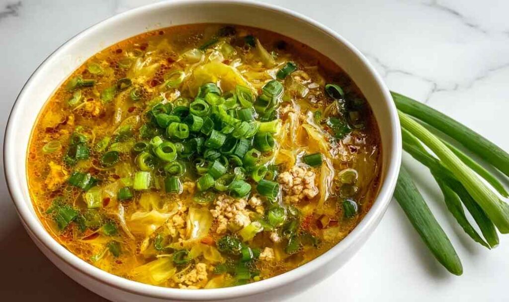 One-pot egg roll soup in white bowl topped with green onions and sesame seeds