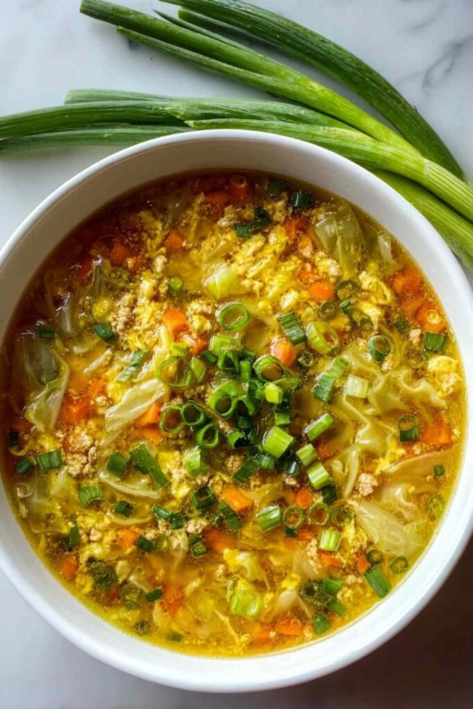 One-pot egg roll soup in white bowl topped with green onions and sesame seeds