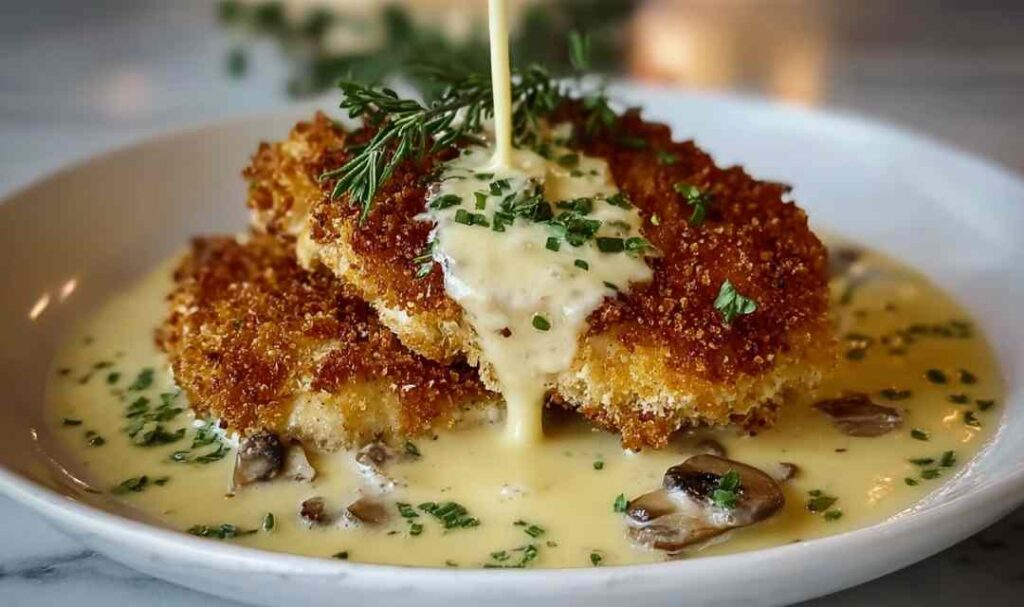 Parmesan Crusted Chicken with Creamy Garlic Sauce on a white plate, garnished with fresh parsley.