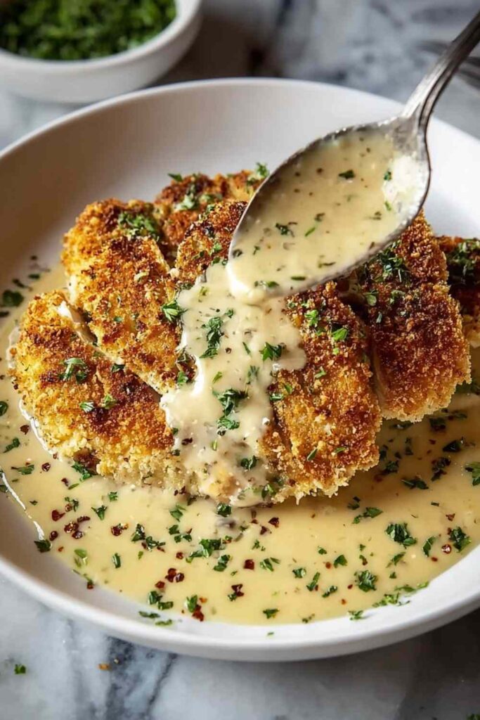 Parmesan Crusted Chicken with Creamy Garlic Sauce on a white plate, garnished with fresh parsley.