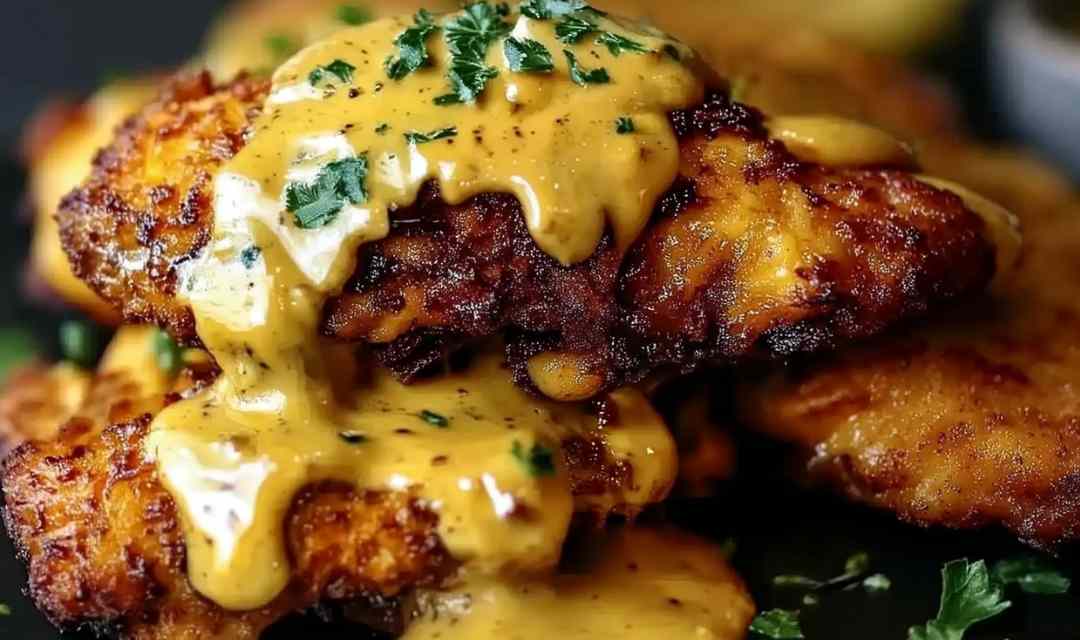Pretzel Chicken with Mustard-Cheddar Sauce