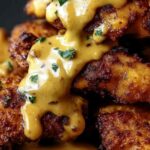 Pretzel Chicken with Mustard-Cheddar Sauce on white plate with roasted vegetables