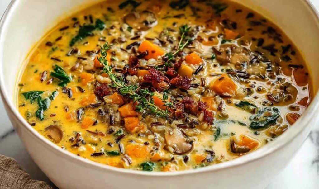 Pumpkin Wild Rice Soup in bowl garnished with toasted pumpkin seeds