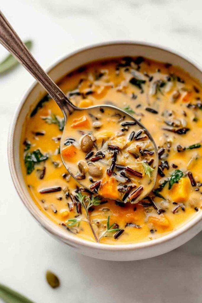 Pumpkin Wild Rice Soup in bowl garnished with toasted pumpkin seeds
