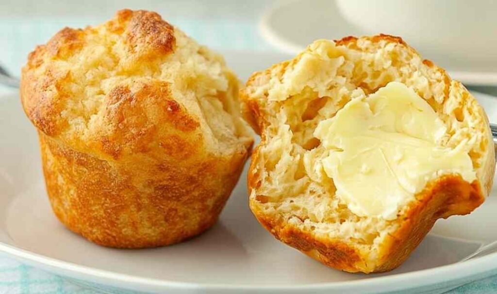 Golden biscuit muffin bread in a muffin pan fresh from the oven