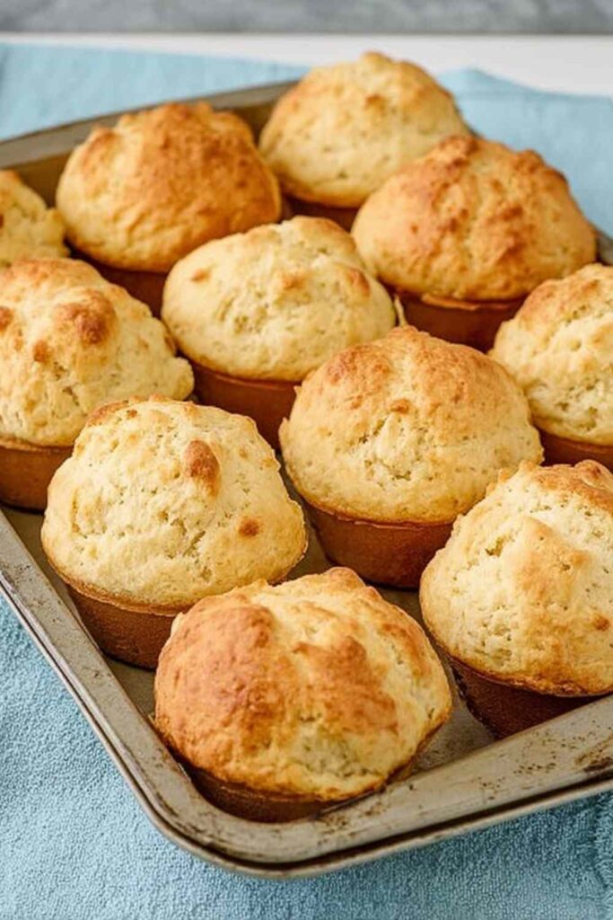 Golden biscuit muffin bread in a muffin pan fresh from the oven