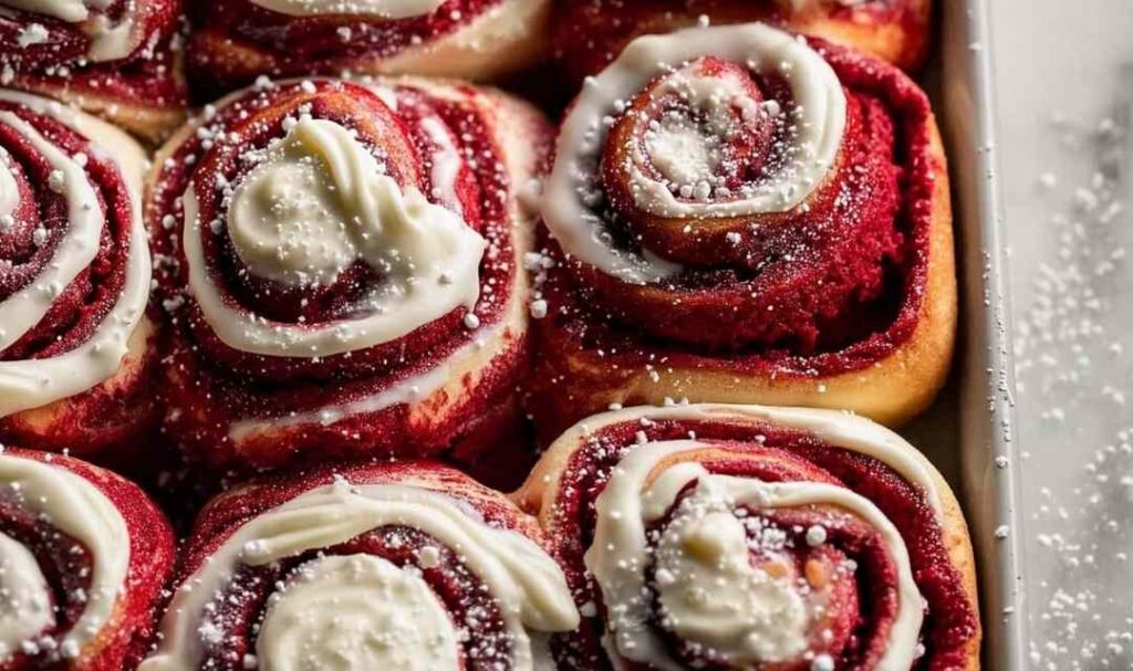 Red velvet cinnamon rolls with white glaze on festive plate