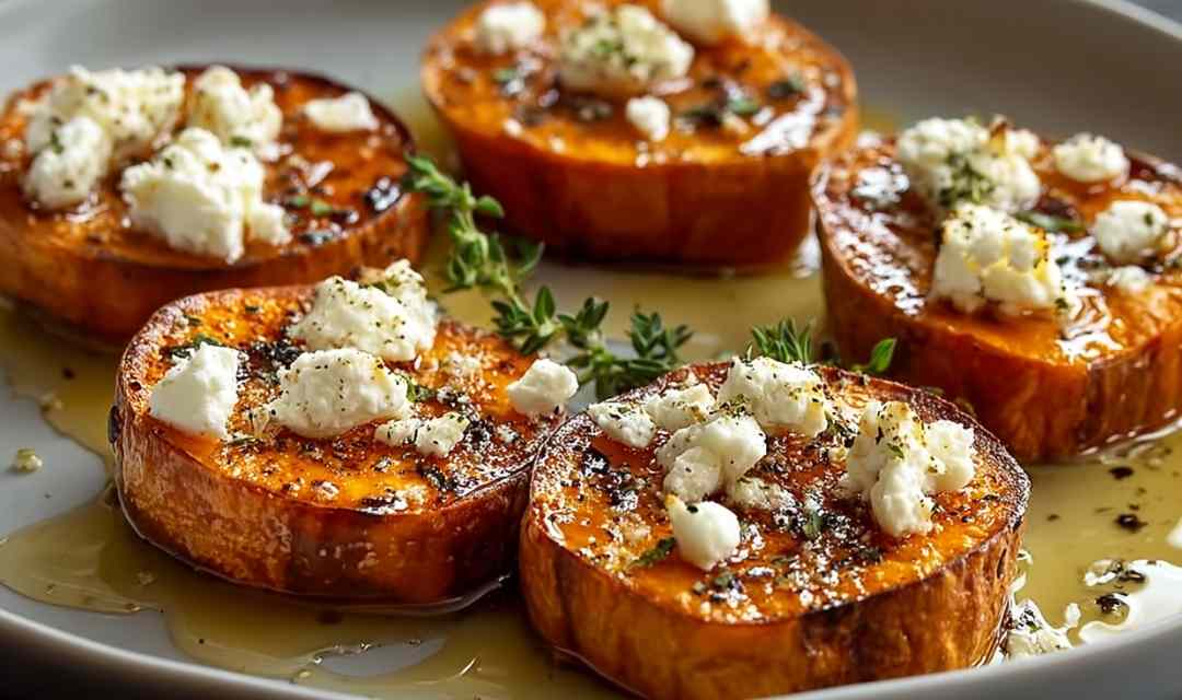 Roasted Sweet Potato Rounds with honey and feta