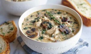 Rotisserie chicken mushroom soup in white bowl with fresh herbs garnish