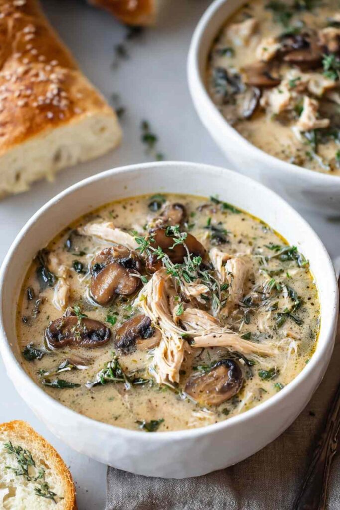 Rotisserie chicken mushroom soup in white bowl with fresh herbs garnish