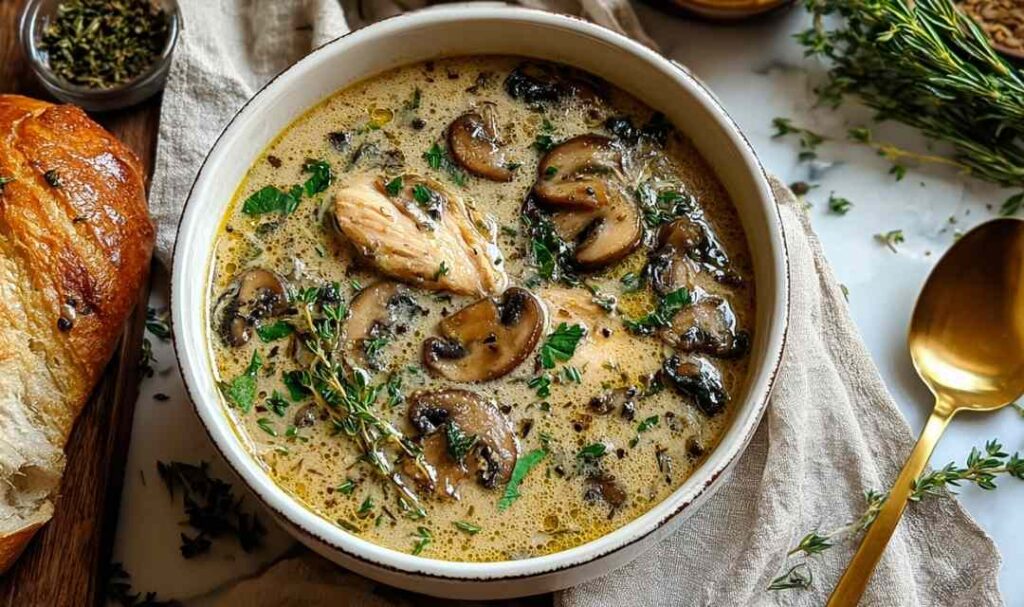 Bowl of creamy rotisserie chicken mushroom soup garnished with fresh parsley on white background