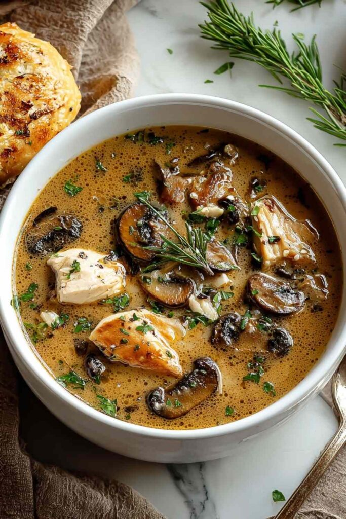 Bowl of creamy rotisserie chicken mushroom soup garnished with fresh parsley on white background