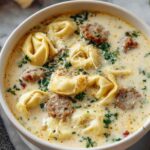 Sausage tortellini soup in bowl with parmesan cheese and fresh parsley garnish