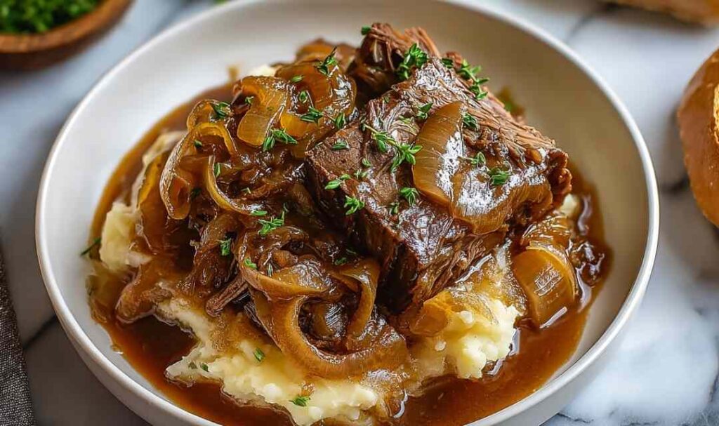 Slow cooker French onion pot roast with shredded beef in rich brown gravy served over mashed potatoes
