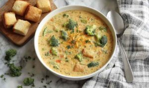 Bowl of creamy smoked gouda broccoli soup garnished with croutons and extra cheese