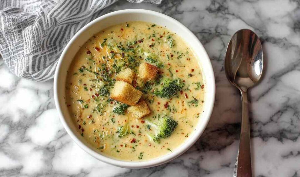 Bowl of creamy smoked gouda broccoli soup garnished with croutons and extra cheese