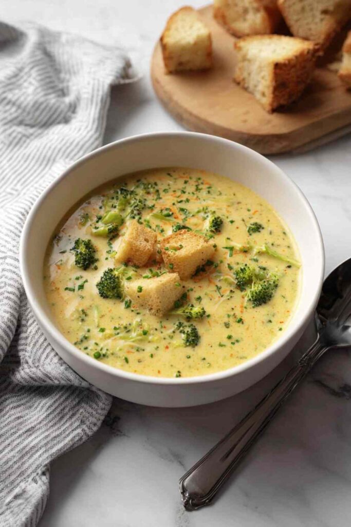 Bowl of creamy smoked gouda broccoli soup garnished with croutons and extra cheese