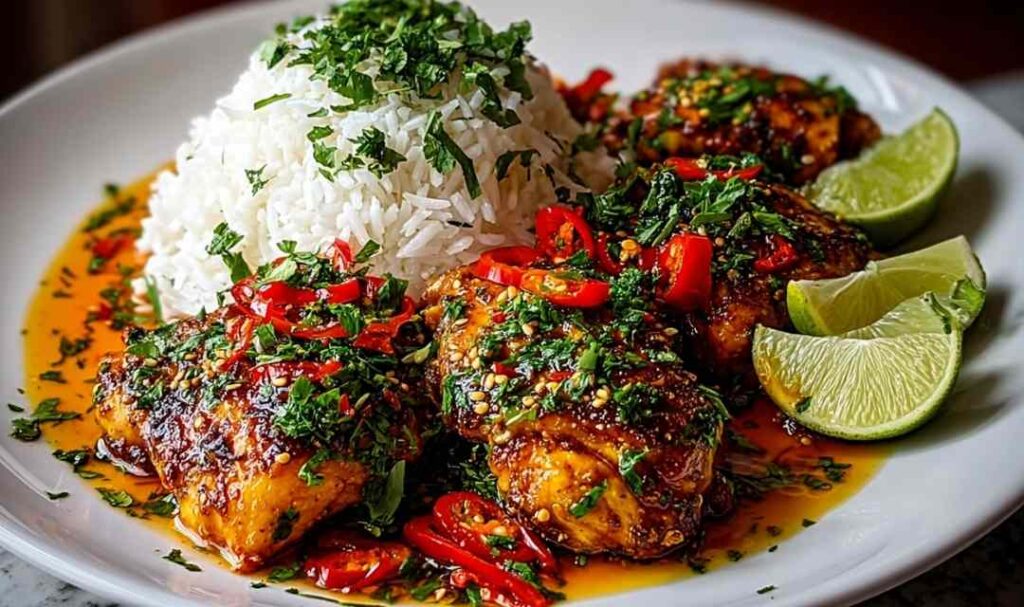 Spicy Maple Chicken Coconut Rice served with fresh cilantro and lime wedges