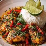 Spicy Maple Chicken Coconut Rice served with fresh cilantro and lime wedges